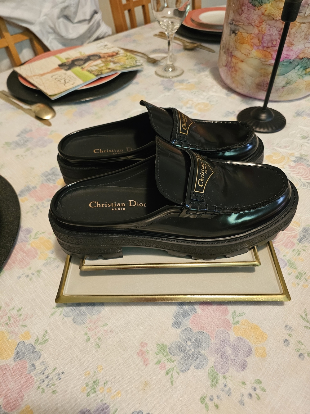 Dior Black Patent Leather Mule Loafers with Logo Plaque
